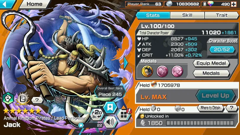 BR490-Android-Hyber Boost 66+490 Diamond RD+12 Ex(Zoro Full Boost+Kuzan+Lucci+Snake+Roger v1+Kaido+Gear 5+Roger v2+Luffy+Yamato v2+Kid Law+Shank v2)+Vip Medal+Support 165%+Many Bounty Festival Max+Strong Account