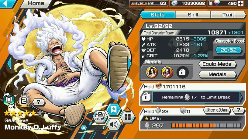 BR490-Android-Hyber Boost 66+490 Diamond RD+12 Ex(Zoro Full Boost+Kuzan+Lucci+Snake+Roger v1+Kaido+Gear 5+Roger v2+Luffy+Yamato v2+Kid Law+Shank v2)+Vip Medal+Support 165%+Many Bounty Festival Max+Strong Account