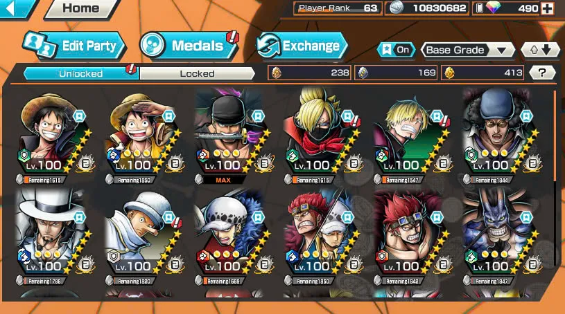 BR490-Android-Hyber Boost 66+490 Diamond RD+12 Ex(Zoro Full Boost+Kuzan+Lucci+Snake+Roger v1+Kaido+Gear 5+Roger v2+Luffy+Yamato v2+Kid Law+Shank v2)+Vip Medal+Support 165%+Many Bounty Festival Max+Strong Account