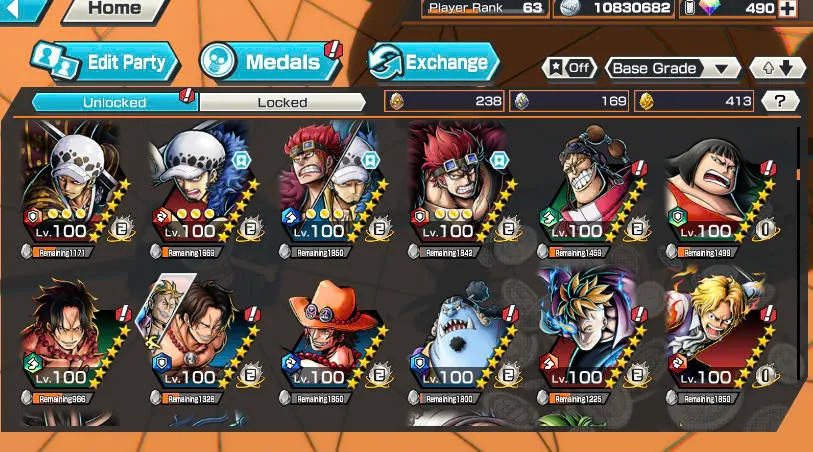 BR490-Android-Hyber Boost 66+490 Diamond RD+12 Ex(Zoro Full Boost+Kuzan+Lucci+Snake+Roger v1+Kaido+Gear 5+Roger v2+Luffy+Yamato v2+Kid Law+Shank v2)+Vip Medal+Support 165%+Many Bounty Festival Max+Strong Account