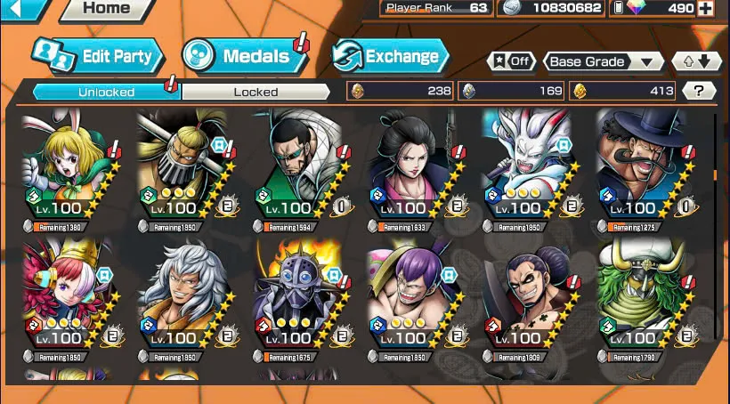 BR490-Android-Hyber Boost 66+490 Diamond RD+12 Ex(Zoro Full Boost+Kuzan+Lucci+Snake+Roger v1+Kaido+Gear 5+Roger v2+Luffy+Yamato v2+Kid Law+Shank v2)+Vip Medal+Support 165%+Many Bounty Festival Max+Strong Account