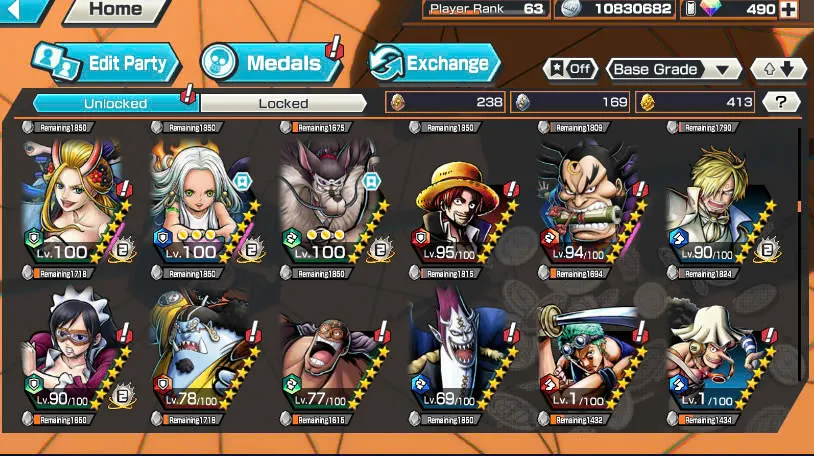 BR490-Android-Hyber Boost 66+490 Diamond RD+12 Ex(Zoro Full Boost+Kuzan+Lucci+Snake+Roger v1+Kaido+Gear 5+Roger v2+Luffy+Yamato v2+Kid Law+Shank v2)+Vip Medal+Support 165%+Many Bounty Festival Max+Strong Account