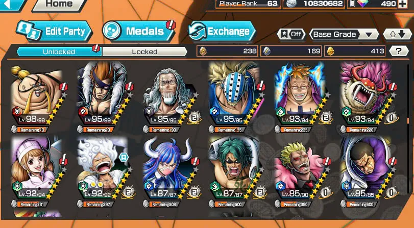 BR490-Android-Hyber Boost 66+490 Diamond RD+12 Ex(Zoro Full Boost+Kuzan+Lucci+Snake+Roger v1+Kaido+Gear 5+Roger v2+Luffy+Yamato v2+Kid Law+Shank v2)+Vip Medal+Support 165%+Many Bounty Festival Max+Strong Account