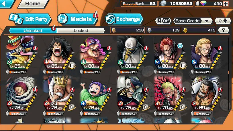 BR490-Android-Hyber Boost 66+490 Diamond RD+12 Ex(Zoro Full Boost+Kuzan+Lucci+Snake+Roger v1+Kaido+Gear 5+Roger v2+Luffy+Yamato v2+Kid Law+Shank v2)+Vip Medal+Support 165%+Many Bounty Festival Max+Strong Account