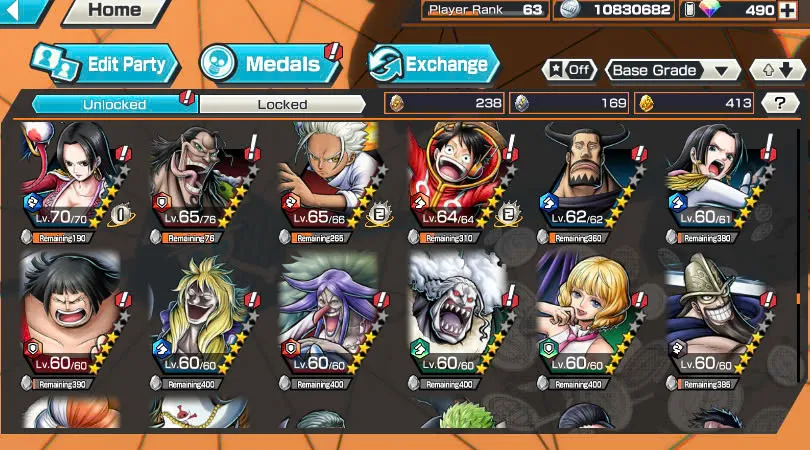 BR490-Android-Hyber Boost 66+490 Diamond RD+12 Ex(Zoro Full Boost+Kuzan+Lucci+Snake+Roger v1+Kaido+Gear 5+Roger v2+Luffy+Yamato v2+Kid Law+Shank v2)+Vip Medal+Support 165%+Many Bounty Festival Max+Strong Account