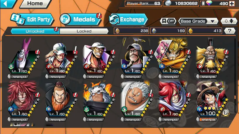 BR490-Android-Hyber Boost 66+490 Diamond RD+12 Ex(Zoro Full Boost+Kuzan+Lucci+Snake+Roger v1+Kaido+Gear 5+Roger v2+Luffy+Yamato v2+Kid Law+Shank v2)+Vip Medal+Support 165%+Many Bounty Festival Max+Strong Account