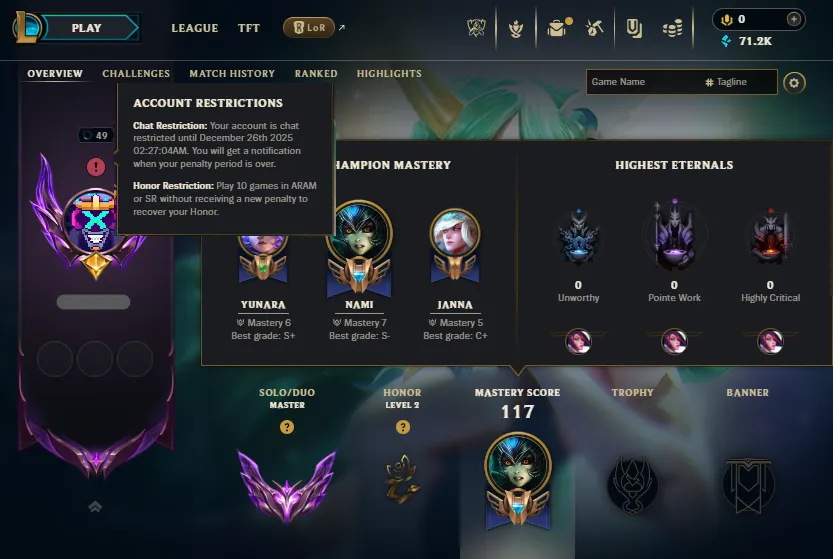 🔥LVL49 Master 410+LP 63%WR Handleveled💎71K BE 50Champs 5Skins⭐Name Changeable🔓Unverified Email✅Lifetime Ownership Guarantee - Never Taken Back