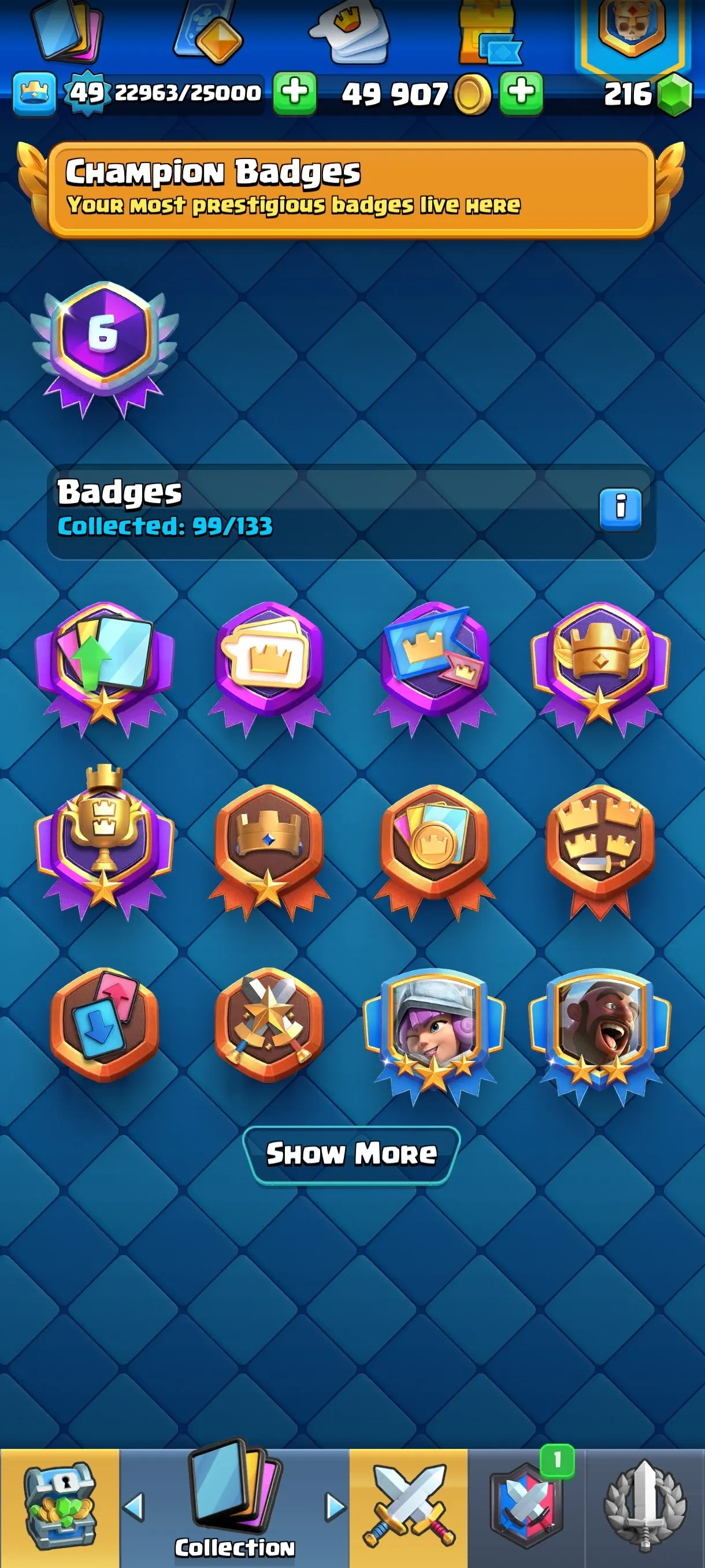 CR565 Maxed 10k Trophies Level 49 star 5 Evolutions 121 Cards 51 Emotes 3 Tower Skins 216 Gems