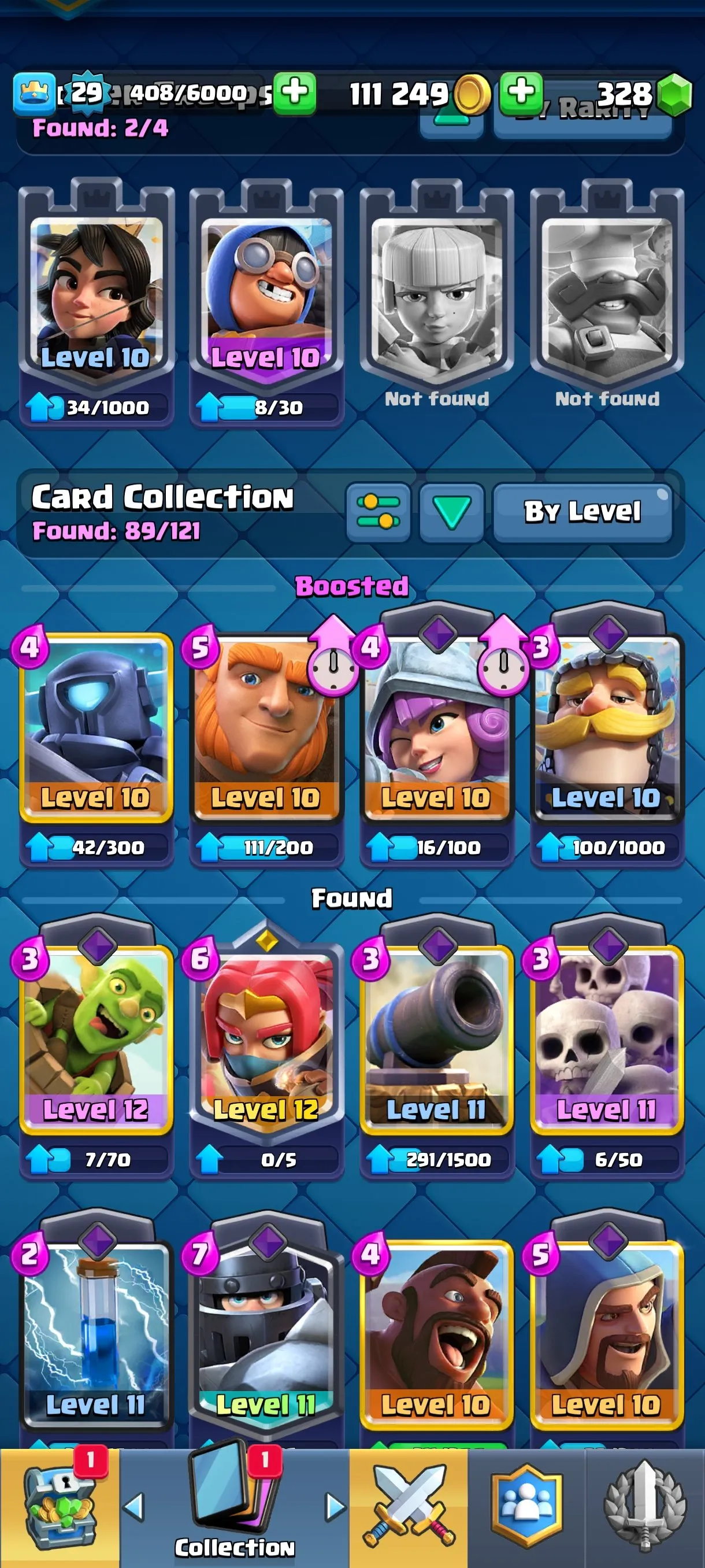 CR682 4445 cups 0 Evolutions 89 cards 328 gems 111249 gold King 29 Arena 13 12 emotes 1 tower banner collection