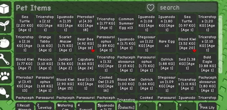 RBL3044 Fat Garden Account, 3 Bone Blossom Trees, 6 Moon Melon Seed, Moon Mango Seed, Many Rare Pets, Sea Turtle, Triceratops, Bear Bee, Blood Kiwi, Scarlet Macaw, Capybara, Stegosaur, Seal, Peacock (G)