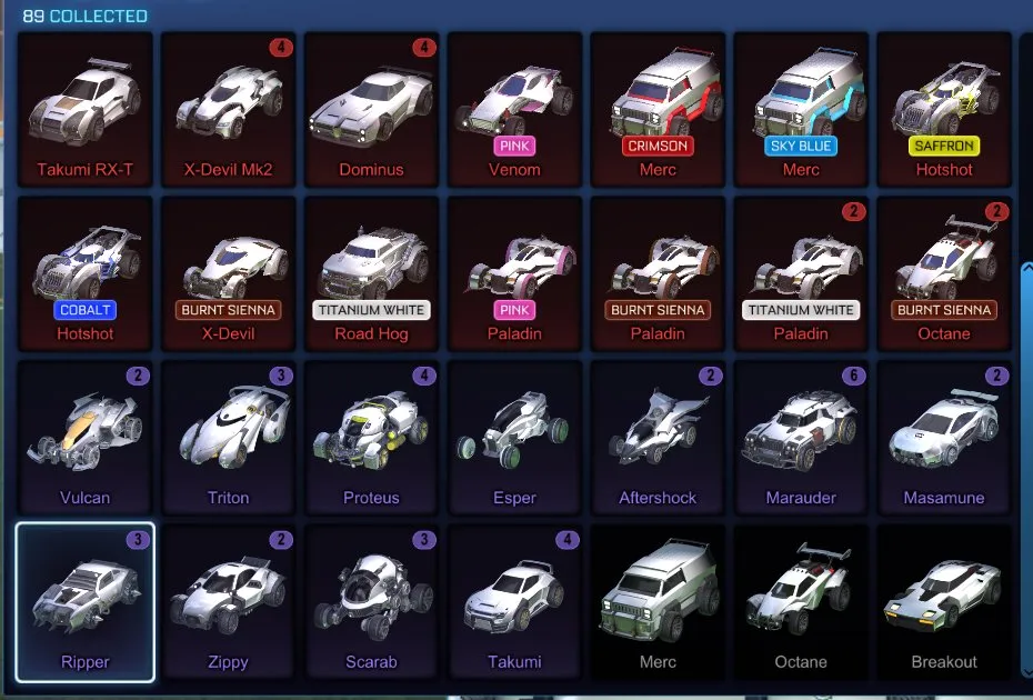 STOCK484 //Fennec, 89 Car Bodies (Titanium White Road Hog & Paladin, Crimson/Sky Blue Merc, Saffron/Cobalt Hotshot, Pink/Crimson Flamethrower, Painted X-Devil, Paladin, Octane), 45+ Black Markets