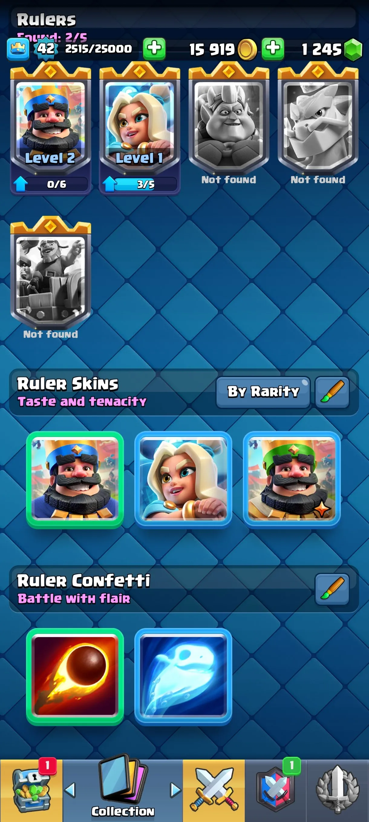 CR543 9730 cups 7 Evolutions 117 cards 54 emotes 2 tower skins 42 banners 53 frames