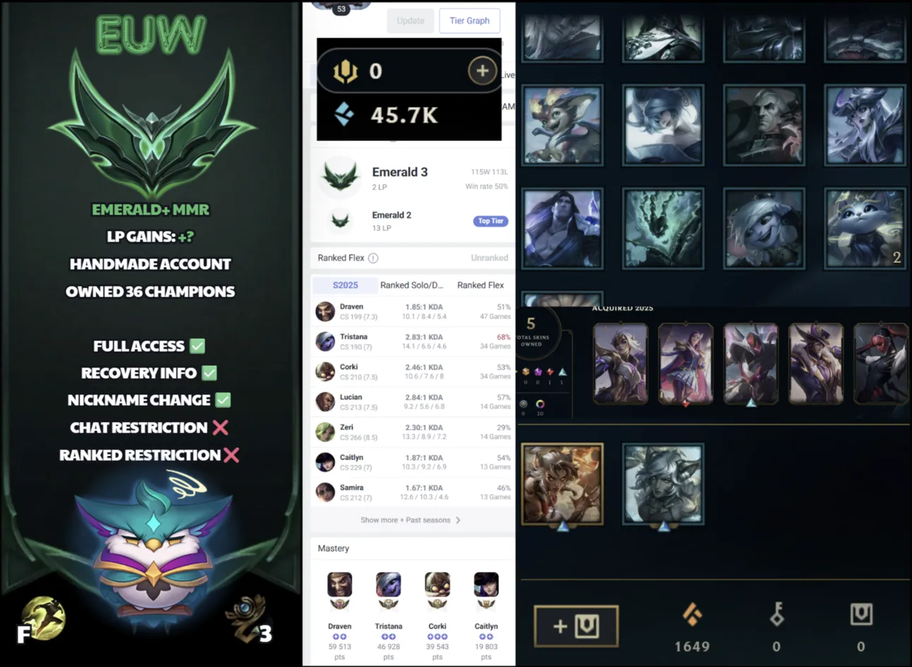 🌍 EUW 🔒 Handlevel ⚡️ Emerald IV (76 LP) ✨️ WR:50% 🔥 37 Champs + 5 Skins ♾️ Lifetime Ownership 📧 Full Access Account ✅ #SBL-Z9J